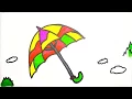 Umbrella and rain Coloring Draw and colour rainy season Drawing for Kids