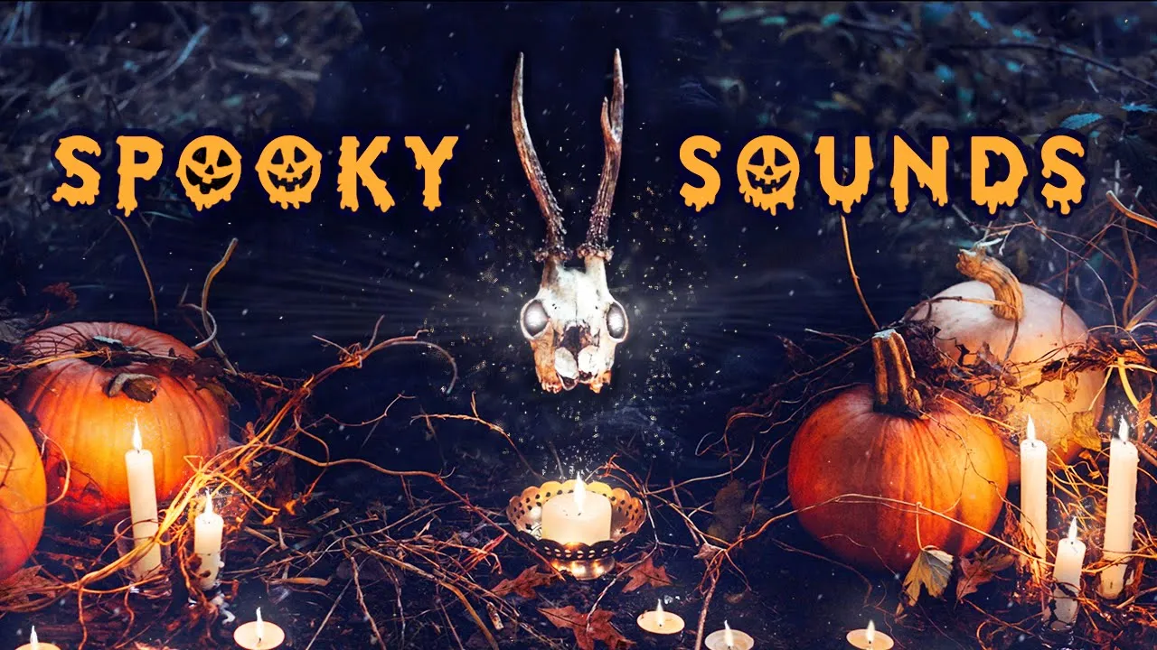 Spooky Sounds title over an antlered skull, pumpkins and lit candles