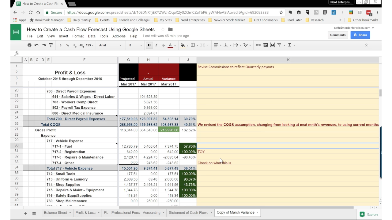 QuickBooks Online Budget to Actual Cash Flow Forecast Variance Analysis