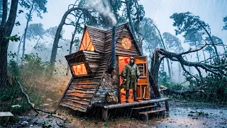 9 Days Alone in the Rain Forest – Building A Wood and Stone Survival Shelter In Heavy Rain & Thunder