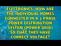 How are the individual homes connected in a 3 phase power distribution system power grid so
