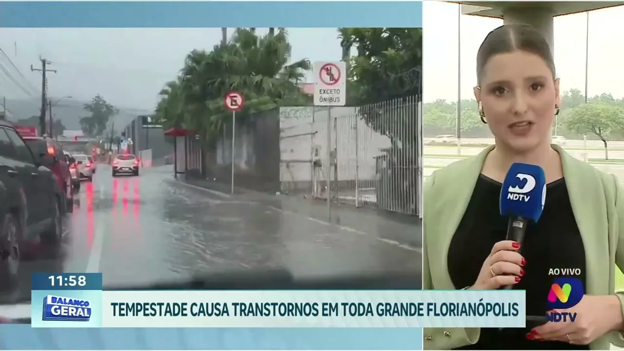 Caos na madrugada: tempestade deixa ruas alagadas e trânsito caótico na Grande Florianópolis