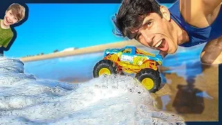 Monster Trucks In The Waves at the Beach!