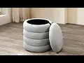 IF-6241 Modern Round Storage Ottoman Soft Grey Teddy Bear Fabric