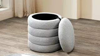 IF-6241 Modern Round Storage Ottoman Soft Grey Teddy Bear Fabric