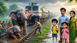 ट्रेन में सफर कर रहे बच्चों ने बचाया हाथी का बच्चा 🐘🚂 | Hindi Cartoon Story | Train Adventure