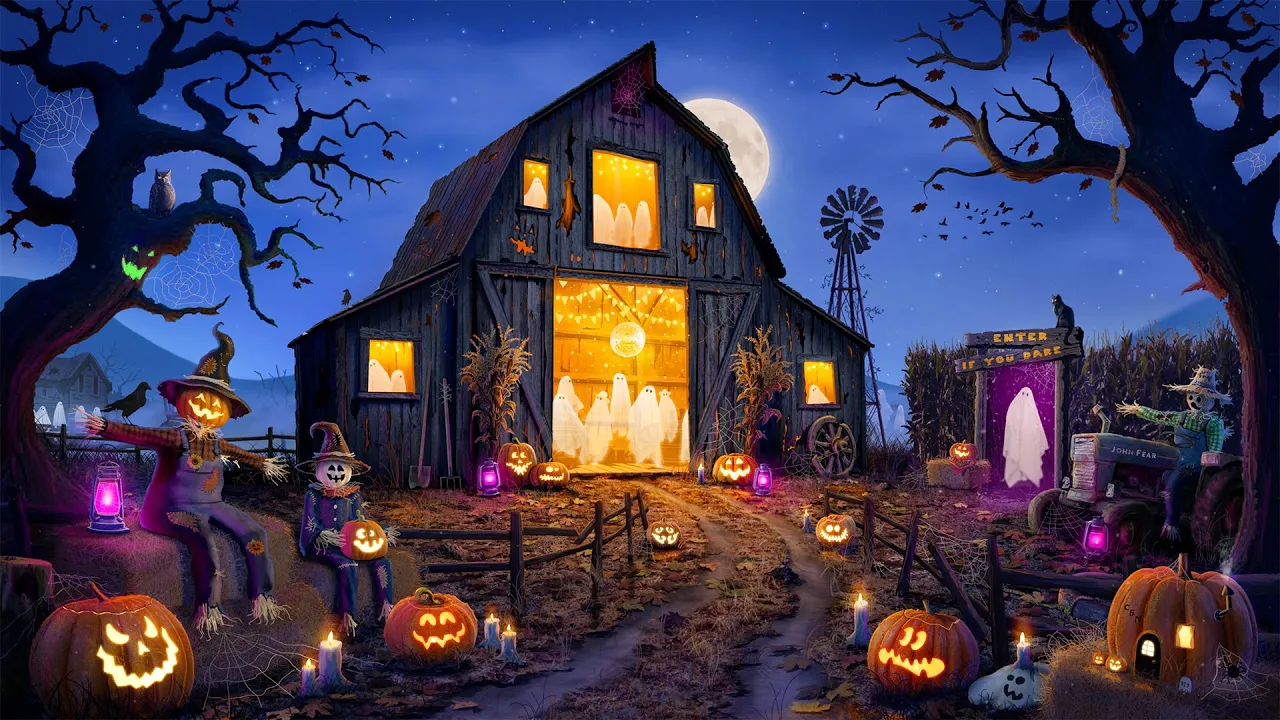 Ghosts partying in a glowing barn surrounded by pumpkins, scarecrows and twisted trees