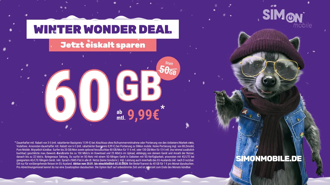 SIMon mobile — SIMON mobile Winter Wonder Deal: 60GB for 9.99€/month (YouTube video ad)