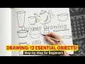 How to draw kitchen utensils glass cup kettle bowl water pot plate bottle spoon knif can etc