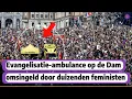 Lagu Tussen de feministen-massa op de Dam deelde Evangelisatie Sjofar zaterdag VRIJMOEDIG het evangelie