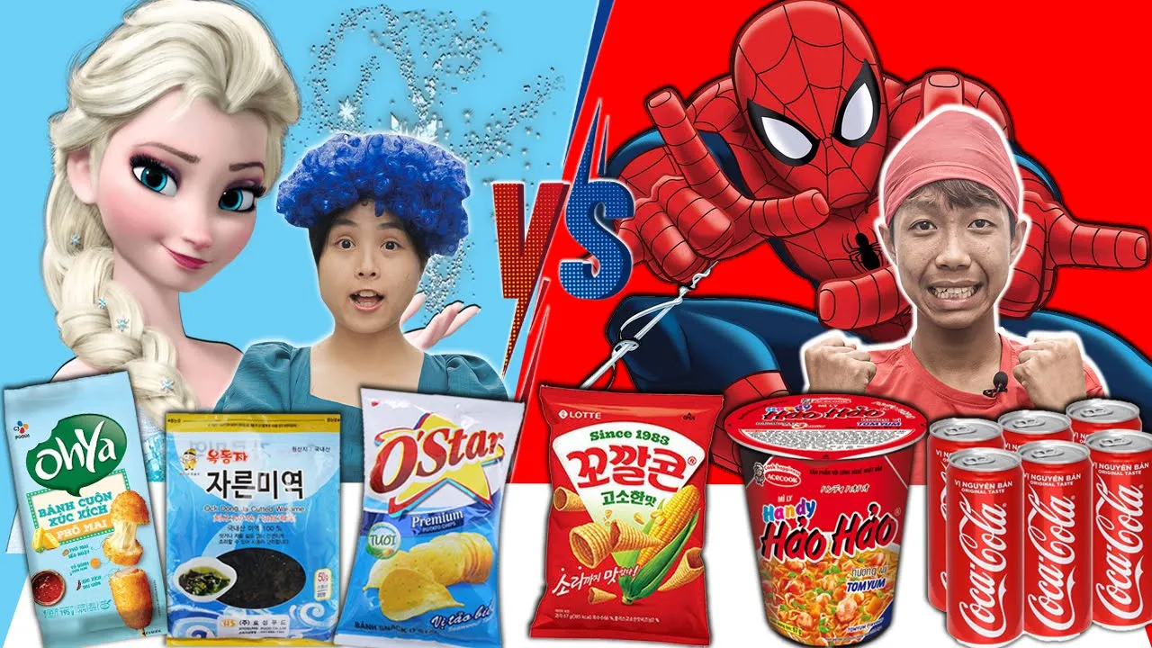 Thử Thách Ăn Đồ Màu Theo Các Nhân Vật Hoạt Hình Elsa Vs Spiderman ❤ KN CHENO Chị Hằng