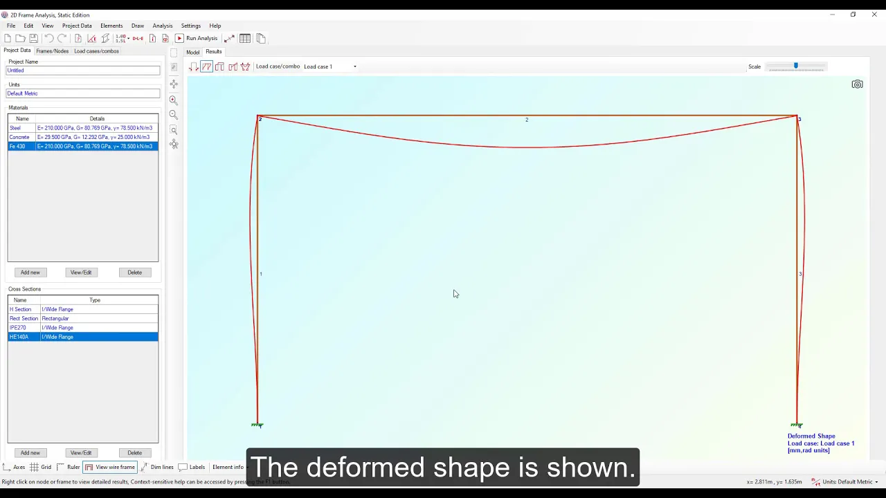 Structural analysis of a frame using 2D Frame Analysis software by Engissol