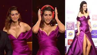 kriti sanon wear magenta pink off shoulder with high slit silk gown at zee cine awards show 2024