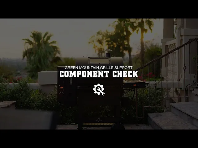 Green Mountain Grills pellet grill outdoors with "COMPONENT CHECK" text overlay, surrounded by palm trees and garden setting, emphasizing grill support and maintenance.