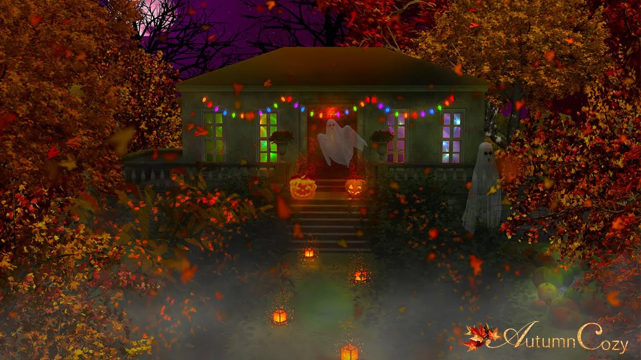 Sheet ghosts at a little house strung with colored lights, surrounded by autumn trees and fog