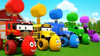 hammer + monster trucks and surprise eggs are learning colors - baby nursery rhymes & kids songs