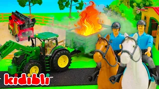 Tractor on fire, police and firefighters are on the scene! 🚜🔥 | Toy Horses for Kids | Kidibli