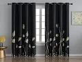 Black Blackout Curtains Gold Leaf and Wheat Pattern Window Curtain