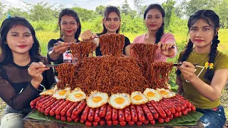 Amazing cooking spicy noodles with hotdogs and eggs yummy recipe | Amazing video