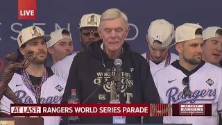 Ray Davis talks at the Texas Rangers 2023 World Series parade