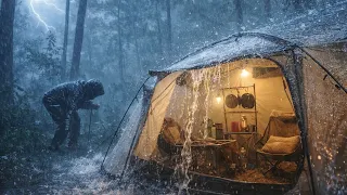 unexpected heavy rain and lightning storms hit my campground camping in heavy rain 