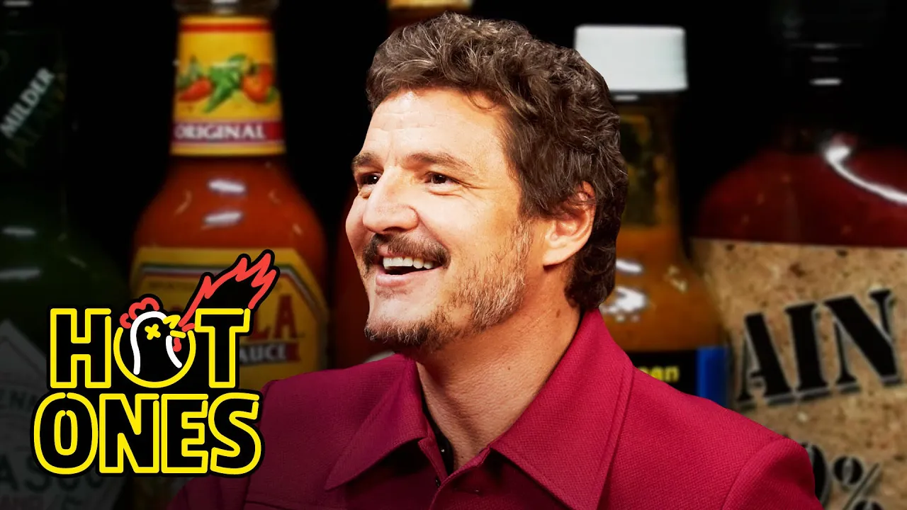 Pedro Pascal Cries From His Head While Eating Spicy Wings   Hot Ones