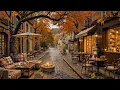 Morning Ambience at Cozy Fall Coffee Shop Soft Jazz Music Gently Autumn Falling Leaves for Relax