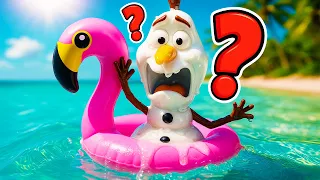O boneco de neve Olaf vai para a praia! Nossa, ele derreteu! A boneca sereia e Elsa vão salvar ele!