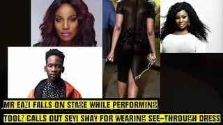 mr eazi falls on stage toolz calls out seyi shay for wearing this dress