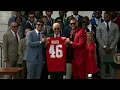 Chiefs Patrick Mahomes Travis Kelce present President Biden with jersey at the White House