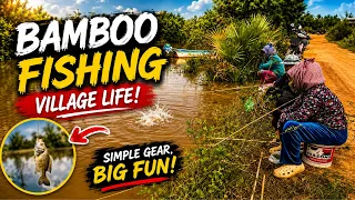 Catching big fish with bamboo rods in the village river