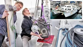 We LIFTED the 500lb Engine Out of Our Project Catamaran, WITH THE BOOM! | Wildlings Sailing