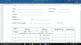 CHEM 216 Experiment 5 Chemical Equilibrium Measuring an Equilibrium Constant Worksheet Task 1