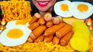 ASMR CHEESY FIRE NOODLES, SAUSAGES, EGGS, PICKLED RADISH MUKBANG MASSIVE Eating Sounds